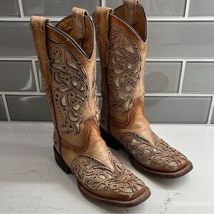Corral Brown Leather Shiny Inlay Square Western Boots Teens Sz 2 1/2 T
